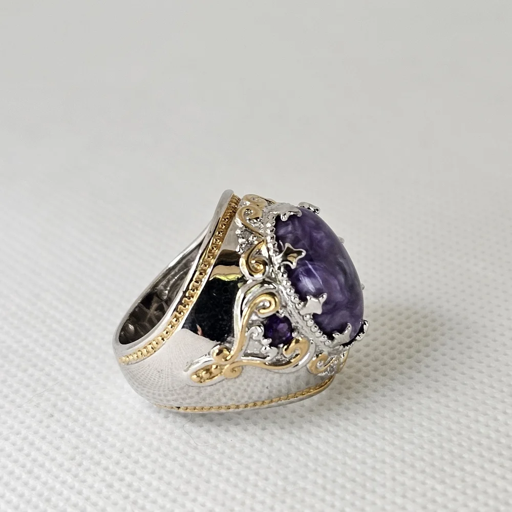 Genuine Charoite & Amethyst Ring Palladium Sterling Silver 18k YG Size 6.5! - Picture 5 of 9